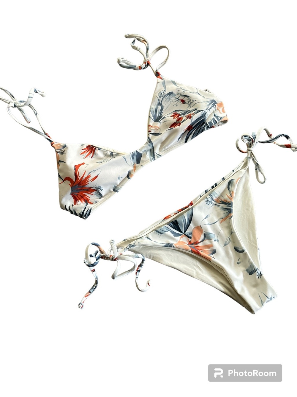 l*space Cream Floral Tie-Side Bikini with Coral & Blue Accents